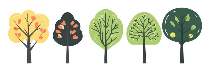 Set of tree and leaf collection hand drawn flat design vector element. botanical set of bare trees and ones with leaves and lush green