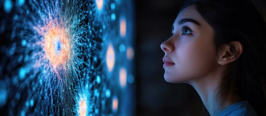Woman gazing at a glowing, intricate network of light.