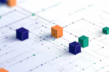 Abstract Network with Cubes and Lines in Blue Orange and Green on White