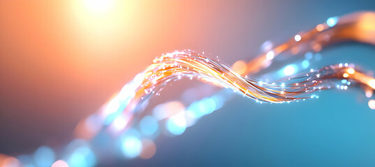 Abstract Wavy Lines with Glowing Particles on Blurred Blue Background in Dynamic Motion