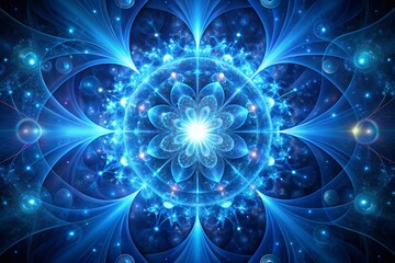 a celestial flower unfolds, radiating ethereal blue light in a cosmic dance of swirling energy and g