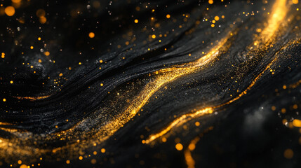 Abstract dark background with golden glitter flowing in wavy lines and blurred bokeh effect lights