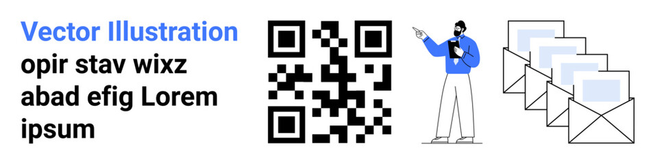 QR code, person pointing at a board, stacked emails. Ideal for marketing, communication, data sharing, digital tools, business strategy, modern education simple landing page