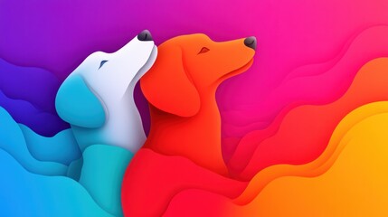 Poster - Two stylized dogs in vibrant colors appear to be enjoying a moment of peaceful togetherness against a colorful background.