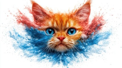 Poster - A vibrant ginger kitten's portrait explodes with blue and red powder creating a dynamic artistic splash.