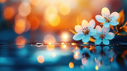 Aufkleber - Delicate white blossoms with water droplets reflect in a tranquil blue pool at sunset creating a serene sp scene.