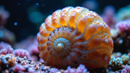 Fototapete - Vibrant Close-up of a Nautilus Shell with Spiral Pattern and Colorful Hues in Magical Light Background for Natural Art and Design Inspiration