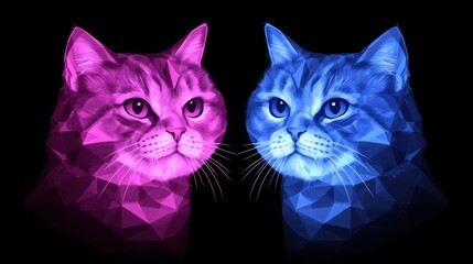 Leinwandbilder - Two majestic cats portrayed in vibrant pink and blue geometric low poly art style against a black background.
