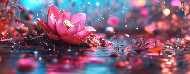Poster - A vibrant pink lotus blossom rests gracefully on tranquil water, surrounded by falling petals and shimme droplets in a dreamy, ethereal setting.