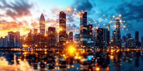 Poster - A vibrant futuristic cityscape at sunset showcases interconnected skyscrapers and glowing city lights at night.