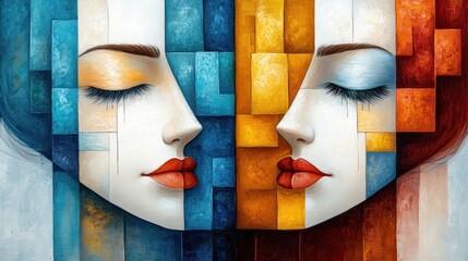 Leinwandbilder - Abstract portrait painting of two women with eyes closed, depicted in vibrant blue and orange geometric patterns.