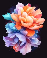 Leinwandbilder - Vibrant orange and blue peonies bloom against a dark cosmic backdrop creating a surreal and dreamy floral artwork.