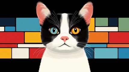 Leinwandbilder - A charming tuxedo cat with heterochromia iridis poses against a colorful geometric background.