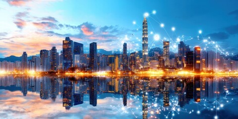 Fototapete - A vibrant cityscape at sunset reflects in calm water, illuminated with interconnected digital network lines.