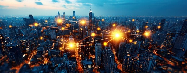 Poster - A vibrant cityscape at night displays a complex network of interconnected glowing nodes representing digital communication.