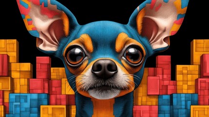 Poster - A vibrant blue chihuahua with orange accents stares intensely from behind a colorful pixelated backdrop.