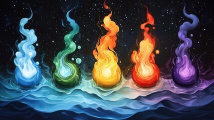 Fototapete - Five vibrant elemental flames dance on a swirling cosmic sea creating a magical and mystical artwork perfect for fantasy backgrounds.