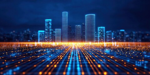 Fototapete - Futuristic cityscape at night with glowing digital network connecting modern skyscrapers.