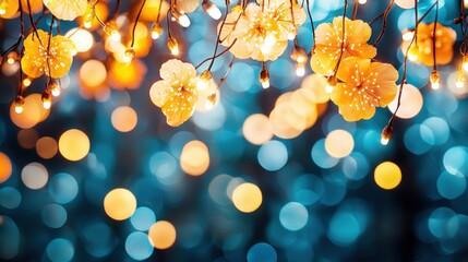 Poster - Delicate yellow flowers illuminated by warm fairy lights against a dreamy blue bokeh background at night.