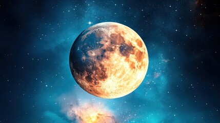 Fototapete - A vibrant full moon dominates a cosmic scene of nebulae and twinkling stars in deep space.