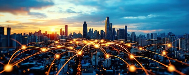 Poster - A futuristic cityscape at sunset showcases a vibrant network of interconnected glowing lines representing global communication.