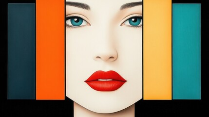 Poster - A stylized portrait of a woman with striking blue eyes and red lips framed by vibrant vertical color blocks.