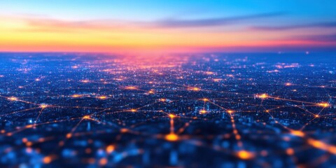 Poster - A breathtaking aerial view of a futuristic city at sunset showcasing interconnected networks of lights.