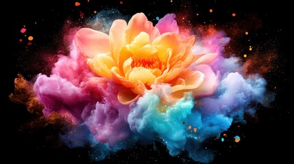 Fototapete - A vibrant flower blossoms amidst a colorful explosion of paint and powder against a stark black background.