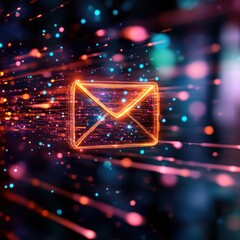 Poster - A glowing digital email icon rapidly travels through a vibrant futuristic data stream network.