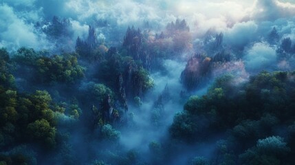 Wall Mural - a [moody/cloudy] cinematic and realistic arial shot of a magical forest 