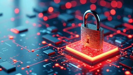 Poster - Digital Security Concept Featuring a Metallic Padlock on a Glowing Red Base Surrounded by Abstract Technology Elements