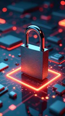 Poster - Digital Security Concept Featuring a Metallic Padlock on a Glowing Red Base Surrounded by Abstract Technology Elements