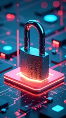Poster - Digital Security Concept Featuring a Metallic Padlock on a Glowing Red Base Surrounded by Abstract Technology Elements
