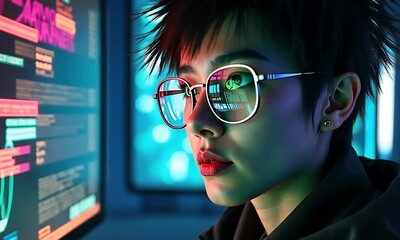 Cyberpunk Girl Coding in Neon Light