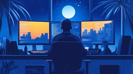 Night Coder: Person Silhouetted at Desk with Multiple Monitors Coding