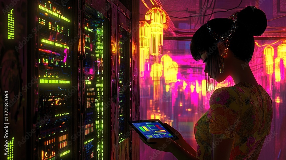 Ai Rack Visualization Glowing AI neural network visualization with transparent server racks ...