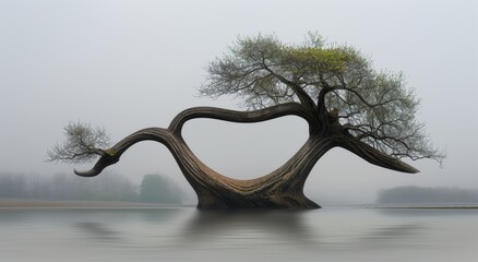 A tree having an abstract shape in a natural landscape.