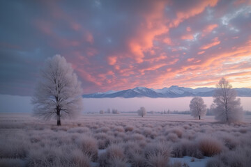 Wall Mural - landscape image of a frozen field with a tree and snowy mountains at dawn