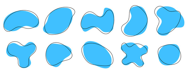 Poster - Hand drawn organic shapes, amoeba blob set. Abstract blue bubbles with irregular line frames on transparent background. Vector design element for background, presentation, banner, poster, social media