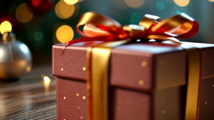 Wall Mural - Festive gift box with golden bow in cozy christmas setting with warm bokeh lights