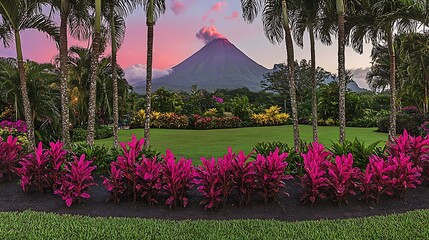 beautiful scenic view showing a distant volcano and tropical plants