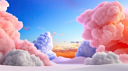 Wall Mural - a surreal cotton candy sky with fluffy clouds in soft pink, lilac, and peach tones, glowing in dream