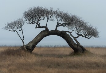 A tree having an abstract shape in a natural landscape.