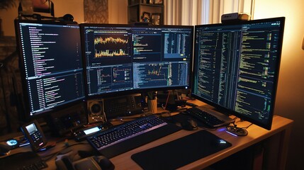 Intricate computer setup with multiple monitors displaying code and data