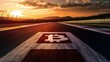 © Spring Melody - Sunset over racetrack featuring bitcoin symbol painted on asphalt, showcasing the fusion of technology and sport