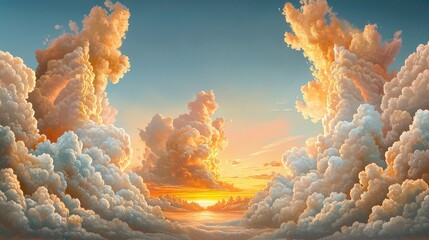 Wall Mural - fairy-tale pastel-colored fluffy clouds in a soft, glowing pink and peach sunset sky, creating a dre