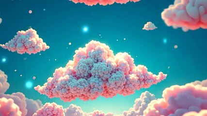 Wall Mural - Pink bubbly clouds float across a teal sky with glowing orbs