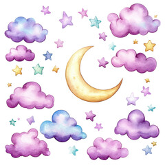 Wall Mural - Dreamy Nightscape: Watercolor rendering of a serene night sky with fluffy clouds, crescent moon and twinkling stars. Capture the feeling of serenity, peace and lullaby.