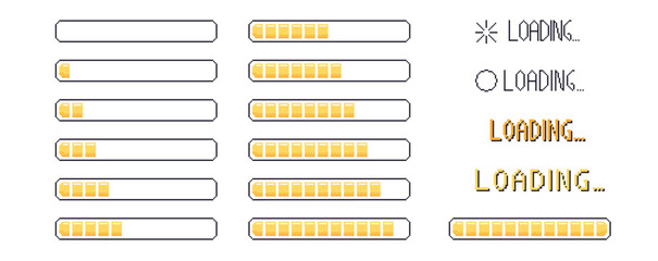 Wall Mural - pixel art loading bar interface. 8 bit game progress button elements set and text. waiting signs in 