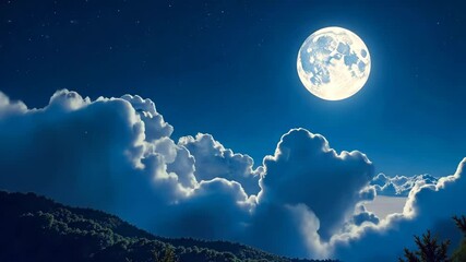 Wall Mural - Full Moon, Clouds, and Stars Over the Forest at Night
